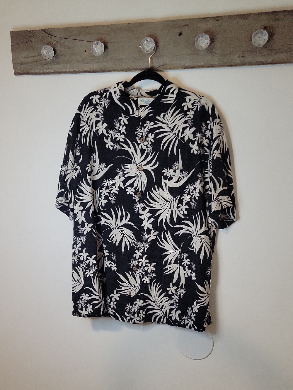 Caribbean Black and White Tropical Print Silk Shirt XL